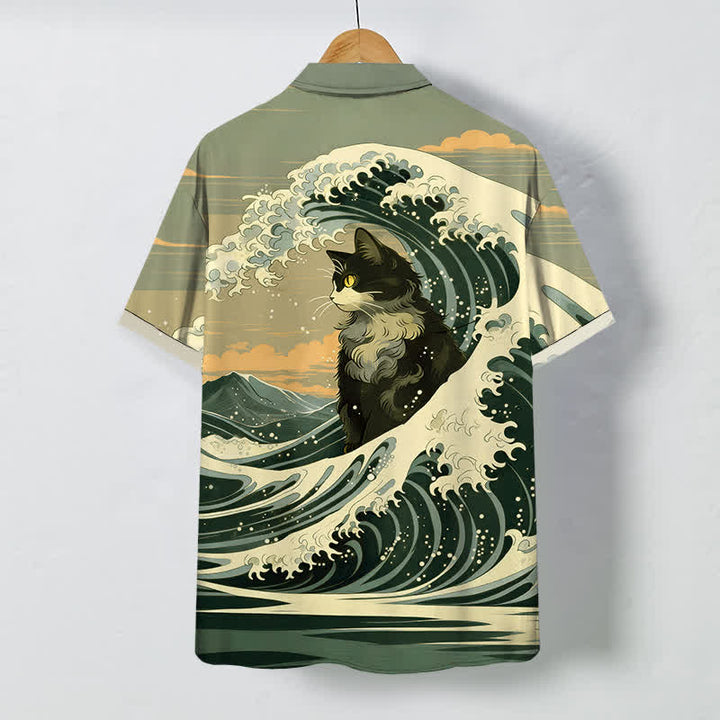 Buddha Stones Koszula męska z krótkim rękawem i oddychającym nadrukiem Great Wave Black Cat Pattern - image 6