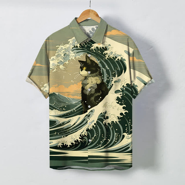 Buddha Stones Koszula męska z krótkim rękawem i oddychającym nadrukiem Great Wave Black Cat Pattern - Oliwkowy - US/UK/AU48， EU58 (4XL) - image 5