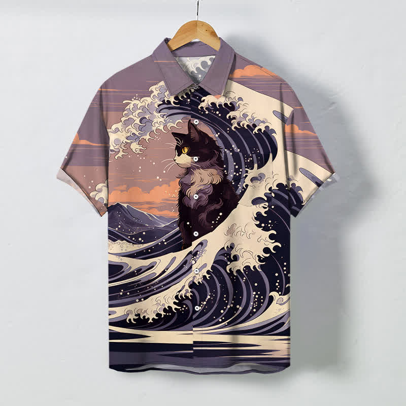 Buddha Stones Koszula męska z krótkim rękawem i oddychającym nadrukiem Great Wave Black Cat Pattern - Oset - US/UK/AU48， EU58 (4XL) - image 7