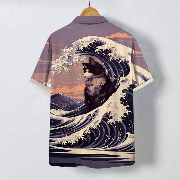 Buddha Stones Koszula męska z krótkim rękawem i oddychającym nadrukiem Great Wave Black Cat Pattern - image 8