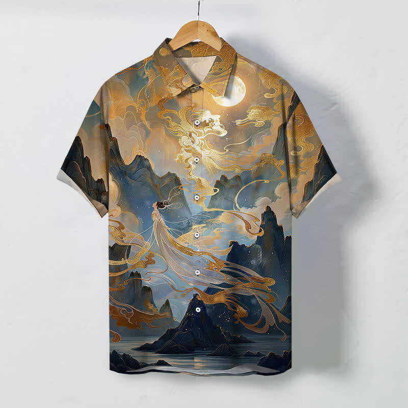 Buddha Stones Koszula męska z krótkim rękawem, odporna na zagniecenia, z nadrukiem Misty Mountain Moon Cloud Pattern - Dębnik - US/UK/AU48， EU58 (4XL) - image 0