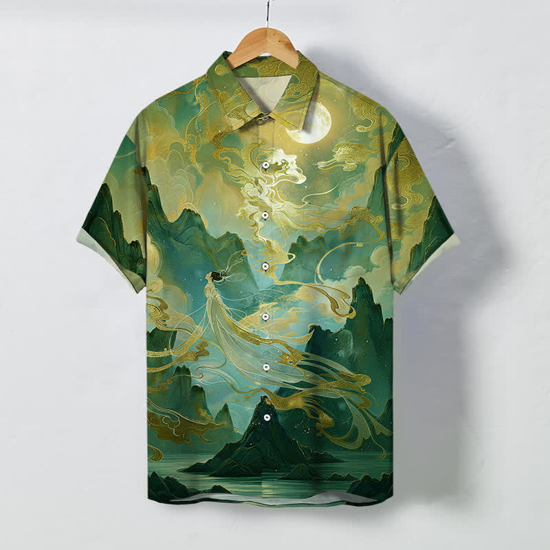 Buddha Stones Koszula męska z krótkim rękawem, odporna na zagniecenia, z nadrukiem Misty Mountain Moon Cloud Pattern - SeaGreen - US/UK/AU48， EU58 (4XL) - image 5