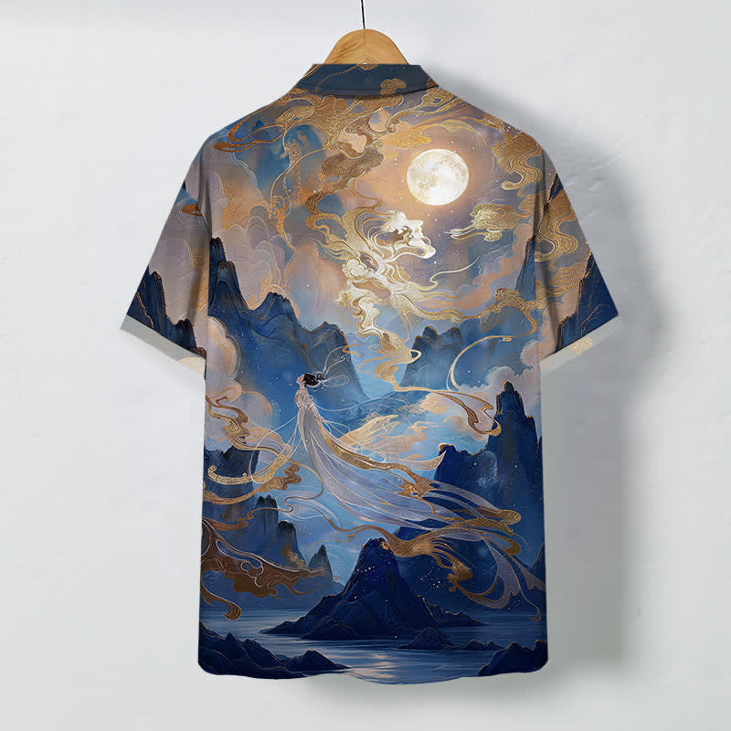 Buddha Stones Koszula męska z krótkim rękawem, odporna na zagniecenia, z nadrukiem Misty Mountain Moon Cloud Pattern - image 8