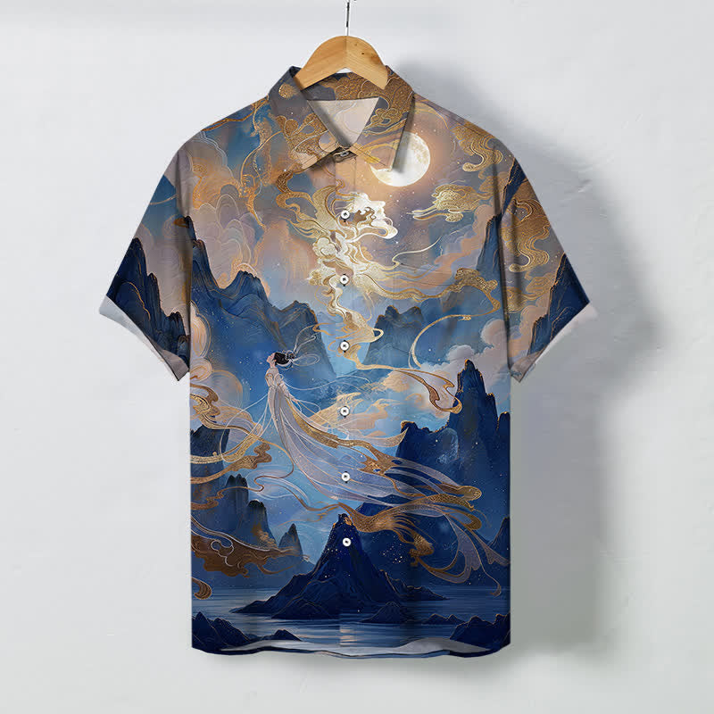 Buddha Stones Koszula męska z krótkim rękawem, odporna na zagniecenia, z nadrukiem Misty Mountain Moon Cloud Pattern - MidnightBlue - US/UK/AU48， EU58 (4XL) - image 7