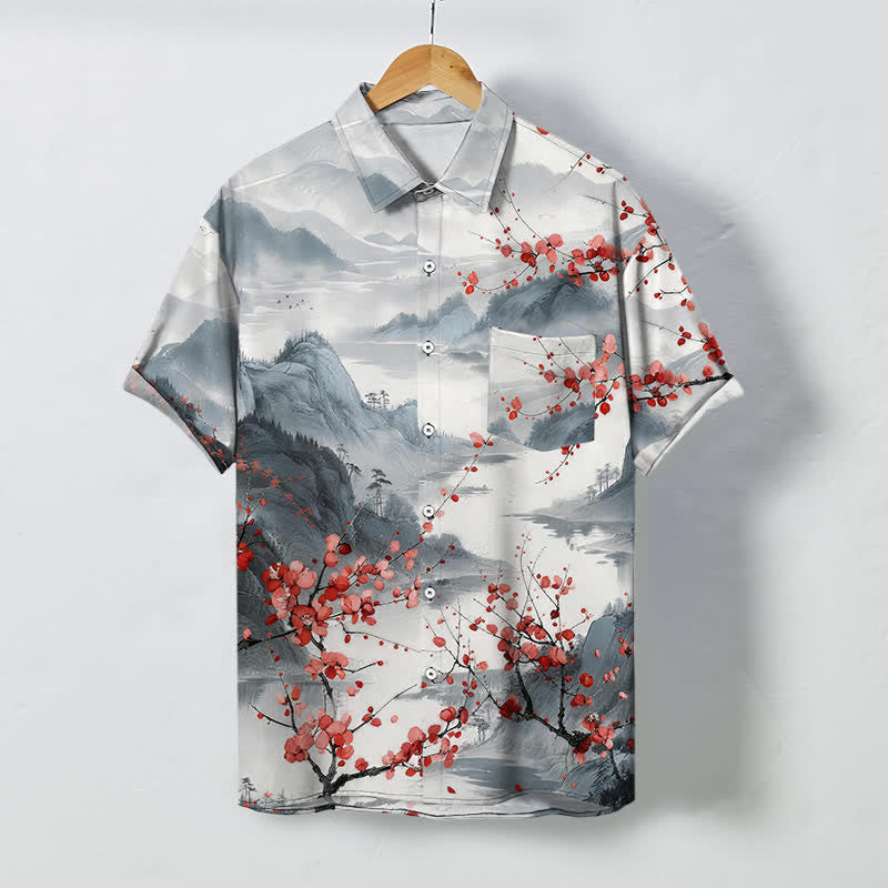 Buddha Stones Koszula męska z krótkim rękawem, oddychająca, z nadrukiem "Ink Landscape Red Blossom Mountains Pattern" - Jasnoszary - US/UK/AU48， EU58 (4XL) - image 0