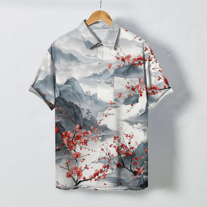 Buddha Stones Koszula męska z krótkim rękawem, oddychająca, z nadrukiem "Ink Landscape Red Blossom Mountains Pattern" - Jasnoszary - US/UK/AU48， EU58 (4XL) - image 0