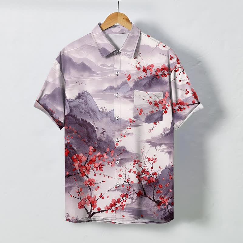 Buddha Stones Koszula męska z krótkim rękawem, oddychająca, z nadrukiem "Ink Landscape Red Blossom Mountains Pattern" - Śliwka - US/UK/AU48， EU58 (4XL) - image 5