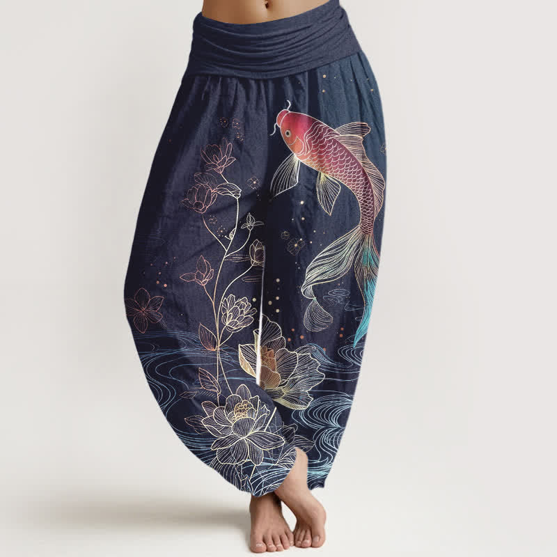Buddha Stones Damskie spodnie haremowe z elastyczną talią i wzorem ryby koi w kwiaty - Stalowoniebieski - US16, UK/AU20, EU48 (3XL) - image 0
