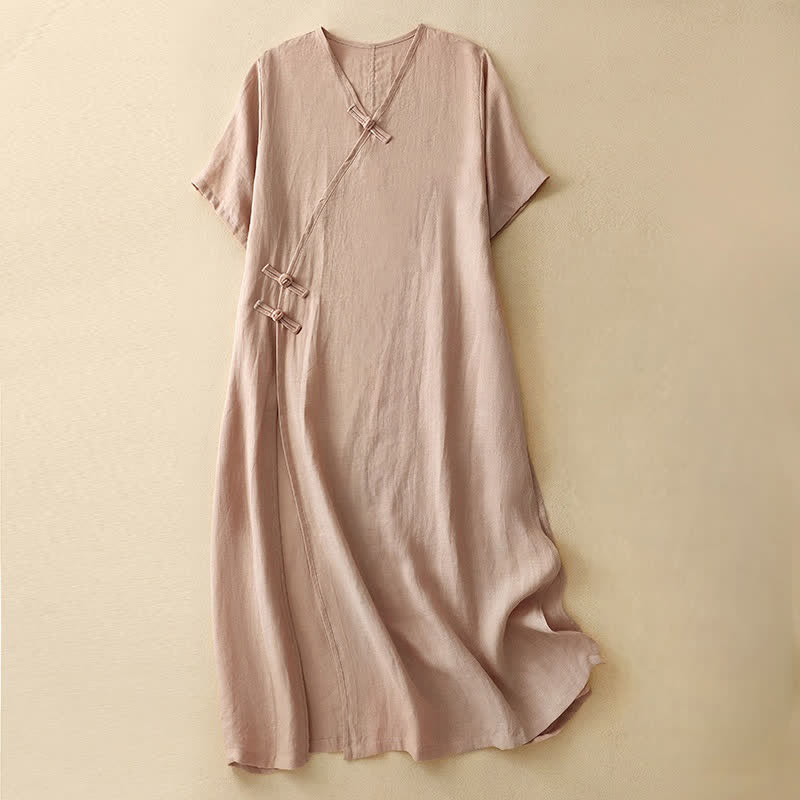 Letnia sukienka midi damska z dekoltem w serek i żabim guzikiem, z krótkim rękawem i motywem Buddha Stones - MistyRose - US8-10，UK/AU12-14，EU40-42 (2XL) - image 0