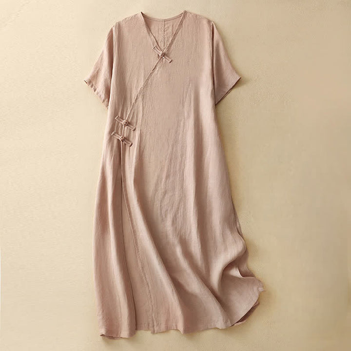 Letnia sukienka midi damska z dekoltem w serek i żabim guzikiem, z krótkim rękawem i motywem Buddha Stones - MistyRose - US8-10，UK/AU12-14，EU40-42 (2XL) - image 0