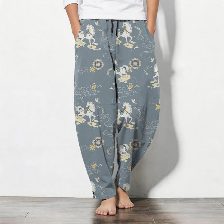Buddha Stones Spodnie męskie zwężane z czystej bawełny w kolorze białym z motywem chmur i kwiatu konika, ze ściągaczem i kieszeniami - LightSteelBlue - US/UK/AU50, EU60 (5XL) - image 0