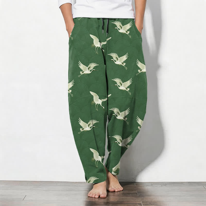 Buddha Stones Spodnie męskie zwężane z czystej bawełny z motywem latającego białego żurawia i ściągaczem - ForestGreen - US/UK/AU50, EU60 (5XL) - image 11