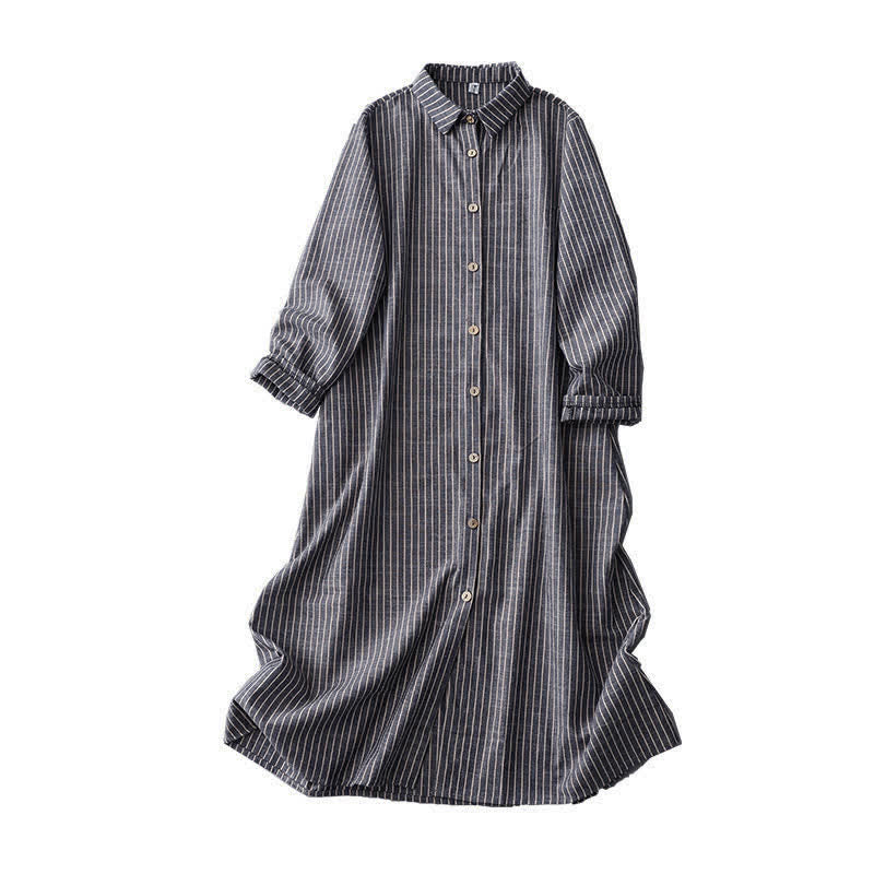 Sukienka midi z bawełny i lnu Buddha Stones LightSteelBlue w białe paski z długim rękawem i klapami, z kieszeniami - image 10