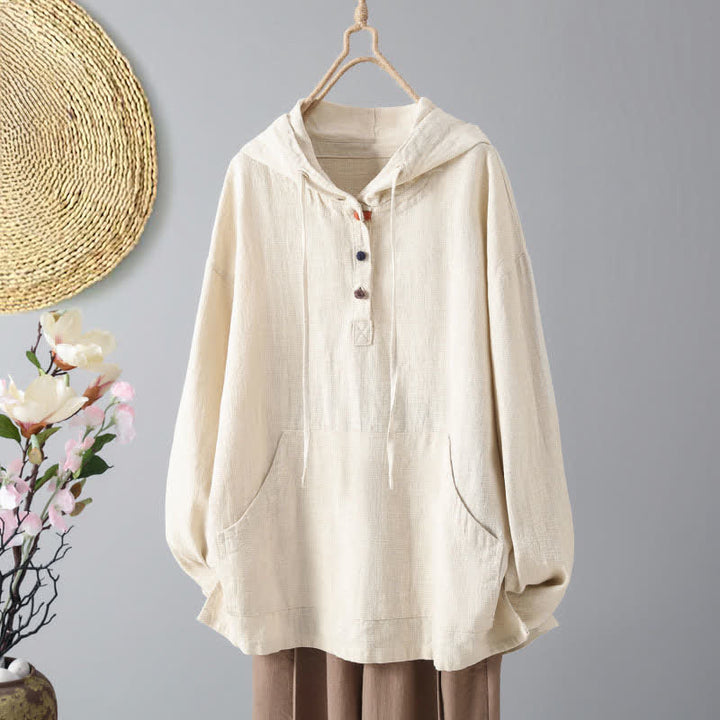 Damska bluza z kapturem z długim rękawem i kieszeniami, wykonana z gładkiej bawełny z guzikami i motywem Buddha Stones - Beżowy - US12, UK/AU16, EU44 (2XL) - image 0