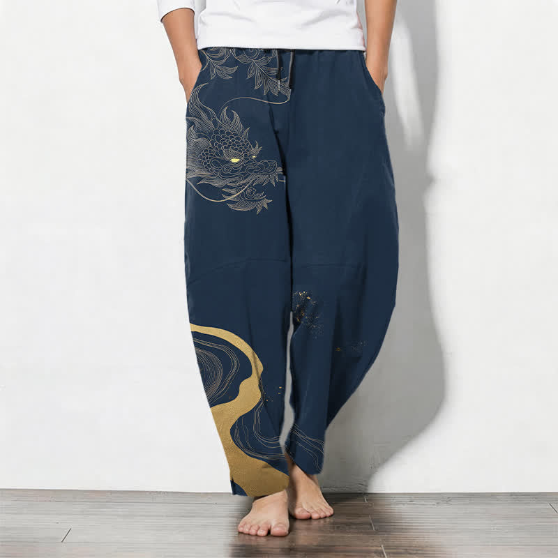 Buddha Stones Spodnie męskie zwężane z czystej bawełny, ze wzorem Golden Dragon Cloud Wave i ściągaczem, z kieszeniami - Marynarka wojenna - US/UK/AU50, EU60 (5XL) - image 7