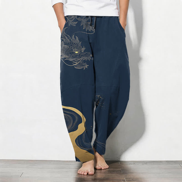 Buddha Stones Spodnie męskie zwężane z czystej bawełny, ze wzorem Golden Dragon Cloud Wave i ściągaczem, z kieszeniami - Marynarka wojenna - US/UK/AU50, EU60 (5XL) - image 7