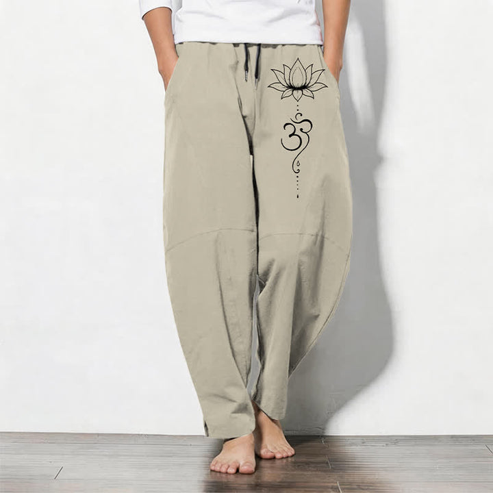 Buddha Stones Spodnie męskie zwężane z czystej bawełny, ze wzorem Lotus Om i ściągaczem, z kieszeniami - Beżowy - US/UK/AU50, EU60 (5XL) - image 0