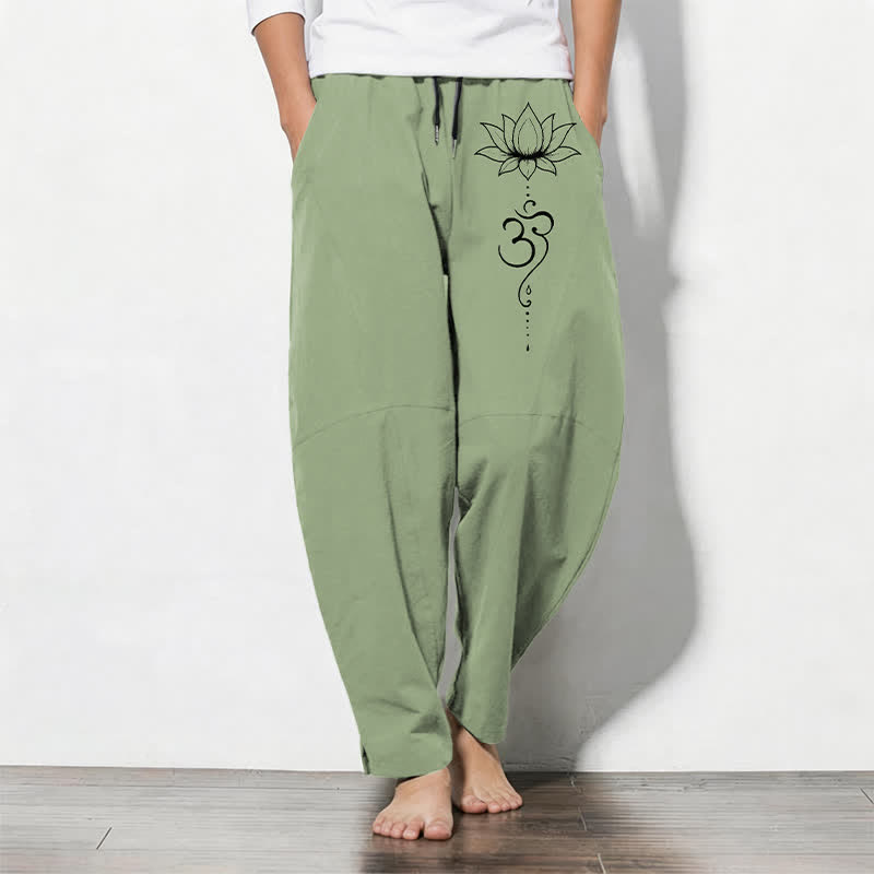 Buddha Stones Spodnie męskie zwężane z czystej bawełny, ze wzorem Lotus Om i ściągaczem, z kieszeniami - PaleGreen - US/UK/AU50, EU60 (5XL) - image 7