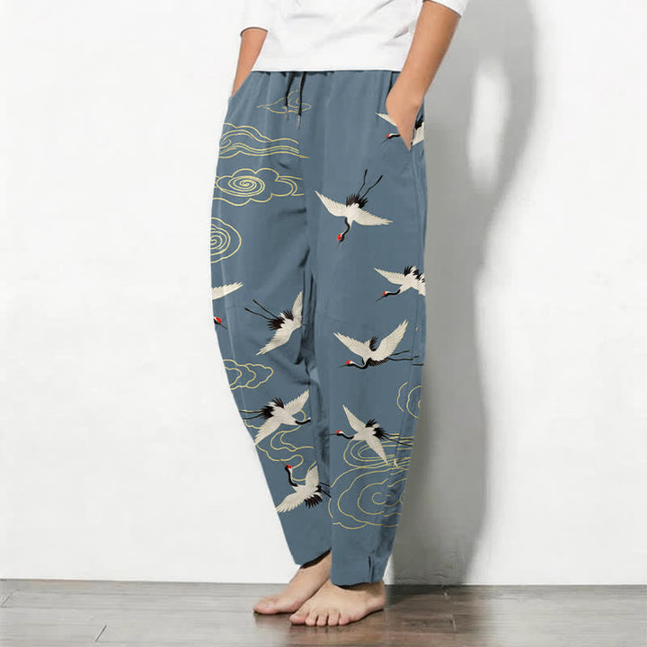 Buddha Stones Spodnie męskie zwężane, z czystej bawełny, w białe chmury z żurawiem mandżurskim, ze ściągaczem i kieszeniami - image 8
