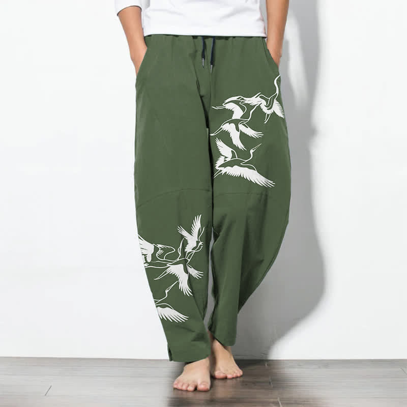 Buddha Stones Spodnie męskie zwężane z czystej bawełny z motywem latającego żurawia i kieszeniami - DarkOliveGreen - US/UK/AU50, EU60 (5XL) - image 11