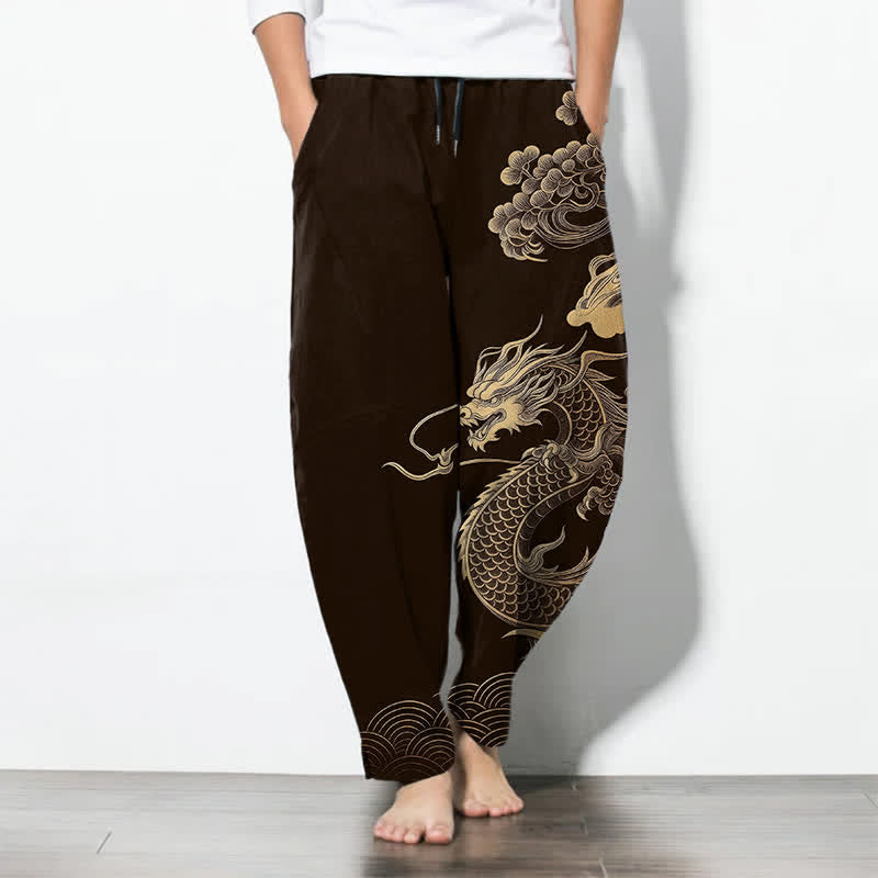 Buddha Stones Spodnie męskie zwężane z czystej bawełny ze wzorem w złote chmury smoka i ściągaczem, z kieszeniami - SaddleBrown - US/UK/AU50, EU60 (5XL) - image 0