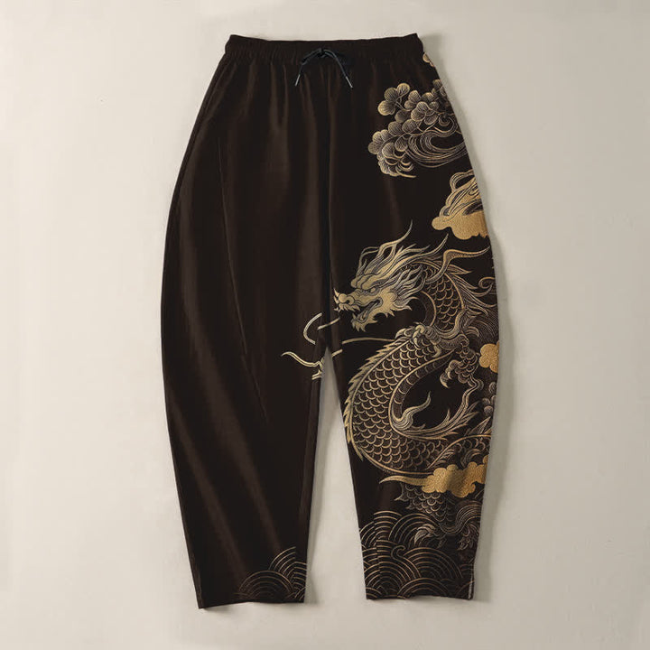 Buddha Stones Spodnie męskie zwężane z czystej bawełny ze wzorem w złote chmury smoka i ściągaczem, z kieszeniami - image 3