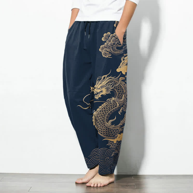 Buddha Stones Spodnie męskie zwężane z czystej bawełny ze wzorem w złote chmury smoka i ściągaczem, z kieszeniami - image 12