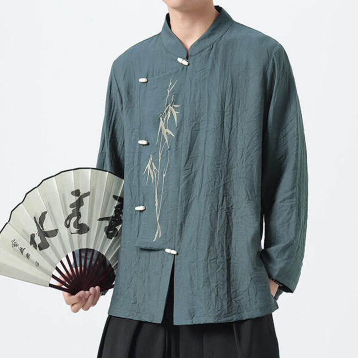 Buddha Stones Koszule męskie z długim rękawem w stylu vintage z kołnierzykiem mandaryńskim i haftem bambusowym - CadetBlue - US/UK/AU46， EU56 (5XL) - image 0