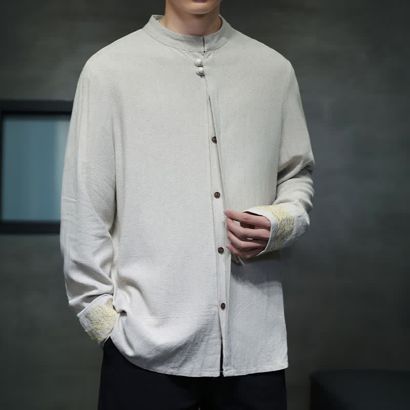 Buddha Stones Koszule męskie z długim rękawem w stylu Tang, jesień zima, swobodny kołnierzyk mandaryński, haft, jaskrawe chmury, mankiety, solidne - image 17