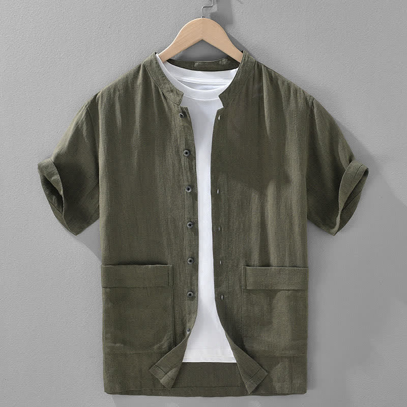 Buddha Stones Letnia, swobodna męska koszula z krótkim rękawem i kieszeniami, zapinana na guziki i ze stójką - DarkOliveGreen - US/UK/AU42， EU52 (3XL) - image 0