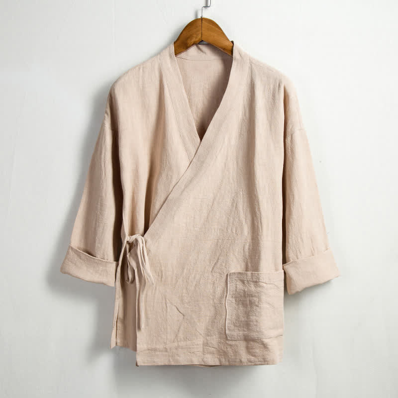 Buddha Stones Wiosenny, swobodny styl Tang, męskie kimono ze ściągaczem i solidną ramią i kieszenią - Pszenica - US/UK/AU44， EU54 (4XL) - image 0