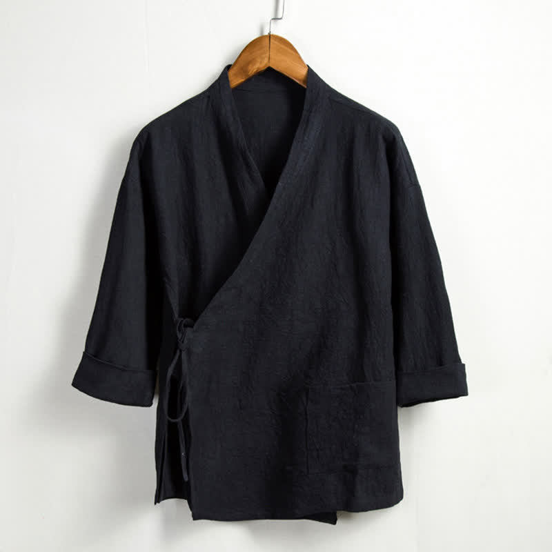 Buddha Stones Wiosenny, swobodny styl Tang, męskie kimono ze ściągaczem i solidną ramią i kieszenią - Czarny - US/UK/AU44， EU54 (4XL) - image 10