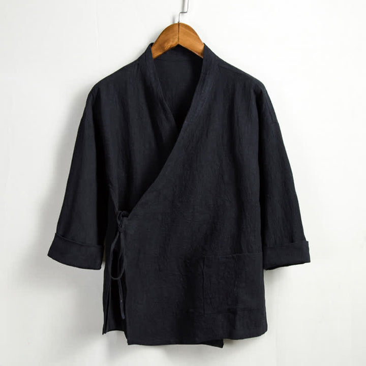 Buddha Stones Wiosenny, swobodny styl Tang, męskie kimono ze ściągaczem i solidną ramią i kieszenią - Czarny - US/UK/AU44， EU54 (4XL) - image 10