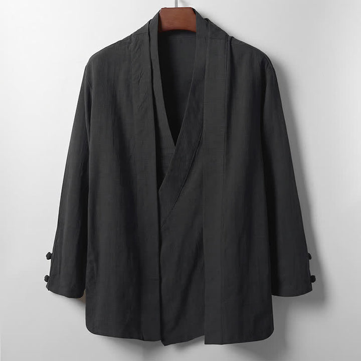 Buddha Stones Wiosenny, swobodny, minimalistyczny, jednolity kimono męskie z ramii - Czarny - US/UK/AU44， EU54 (4XL) - image 8