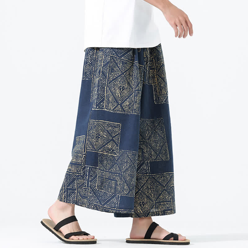 Buddha Stones Spodnie męskie z szerokimi nogawkami i kieszeniami, wiosenne i letnie, w stylu boho, swobodne, ze ściągaczem i kwiatowym wzorem patchworkowym - image 12