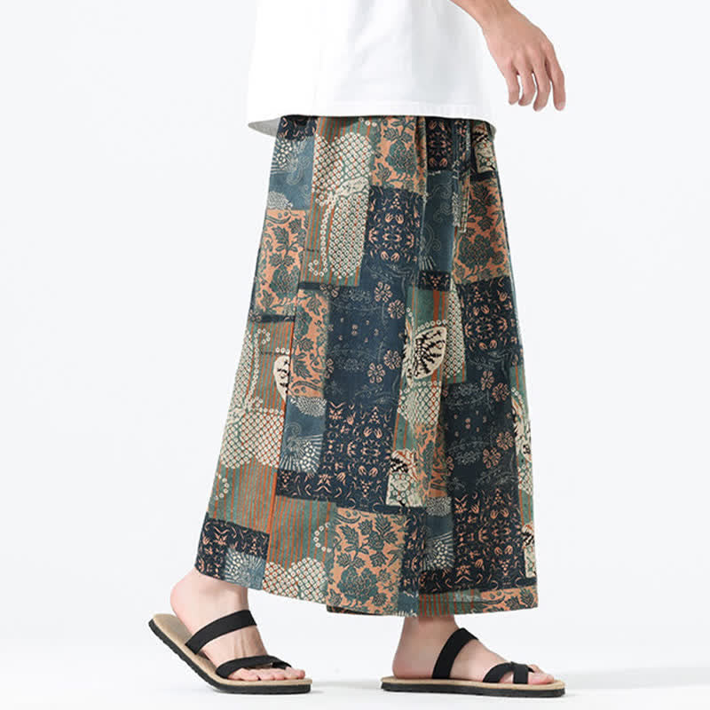 Buddha Stones Spodnie męskie z szerokimi nogawkami i kieszeniami, wiosenne i letnie, w stylu boho, swobodne, ze ściągaczem i kwiatowym wzorem patchworkowym - image 3