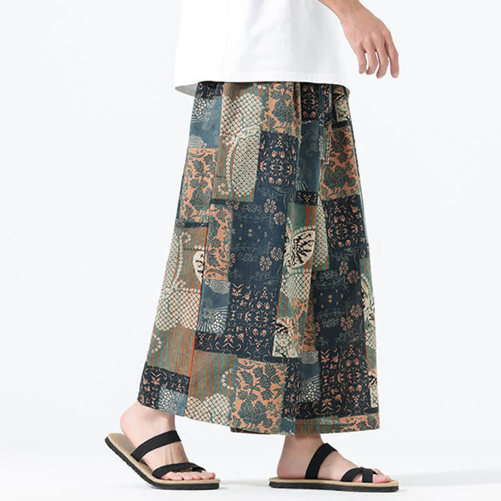 Buddha Stones Spodnie męskie z szerokimi nogawkami i kieszeniami, wiosenne i letnie, w stylu boho, swobodne, ze ściągaczem i kwiatowym wzorem patchworkowym - image 3