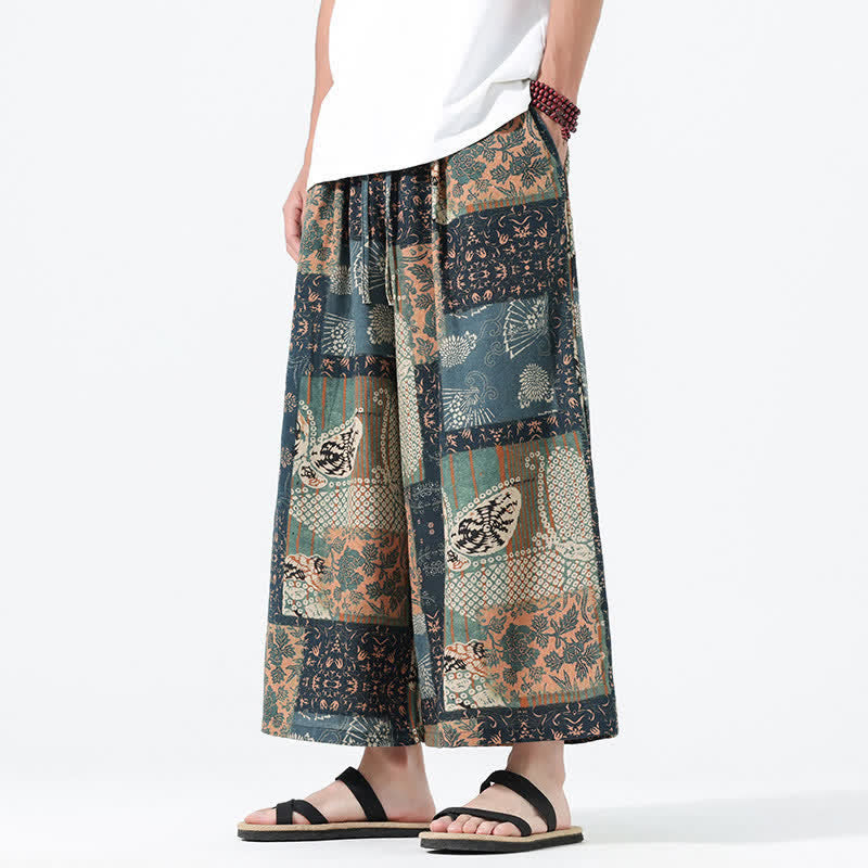 Buddha Stones Spodnie męskie z szerokimi nogawkami i kieszeniami, wiosenne i letnie, w stylu boho, swobodne, ze ściągaczem i kwiatowym wzorem patchworkowym - image 7