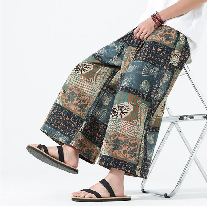 Buddha Stones Spodnie męskie z szerokimi nogawkami i kieszeniami, wiosenne i letnie, w stylu boho, swobodne, ze ściągaczem i kwiatowym wzorem patchworkowym - image 9