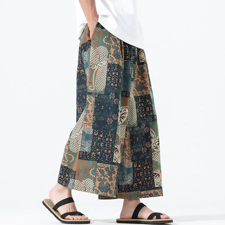 Buddha Stones Spodnie męskie z szerokimi nogawkami i kieszeniami, wiosenne i letnie, w stylu boho, swobodne, ze ściągaczem i kwiatowym wzorem patchworkowym - image 5