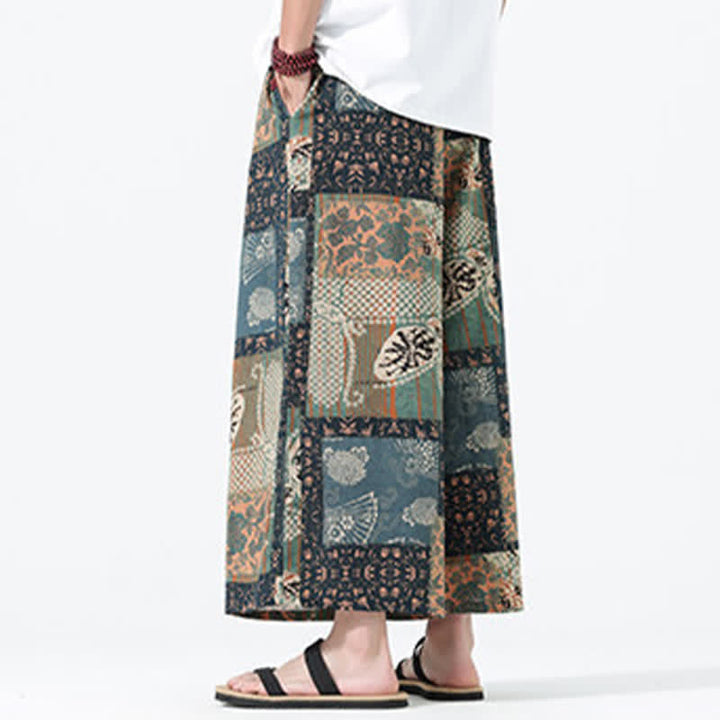 Buddha Stones Spodnie męskie z szerokimi nogawkami i kieszeniami, wiosenne i letnie, w stylu boho, swobodne, ze ściągaczem i kwiatowym wzorem patchworkowym - image 4