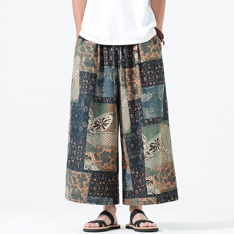 Buddha Stones Spodnie męskie z szerokimi nogawkami i kieszeniami, wiosenne i letnie, w stylu boho, swobodne, ze ściągaczem i kwiatowym wzorem patchworkowym - image 2