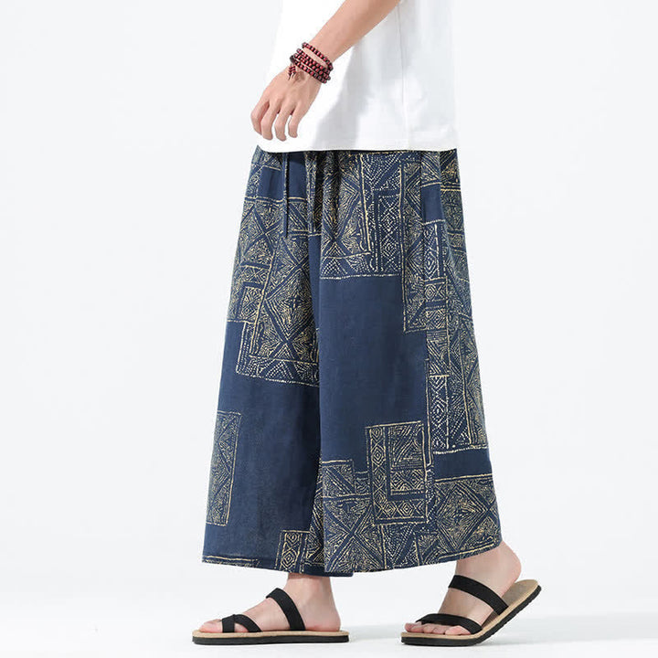 Buddha Stones Spodnie męskie z szerokimi nogawkami i kieszeniami, wiosenne i letnie, w stylu boho, swobodne, ze ściągaczem i kwiatowym wzorem patchworkowym - image 13