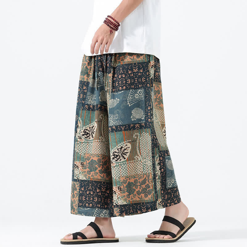 Buddha Stones Spodnie męskie z szerokimi nogawkami i kieszeniami, wiosenne i letnie, w stylu boho, swobodne, ze ściągaczem i kwiatowym wzorem patchworkowym - image 1