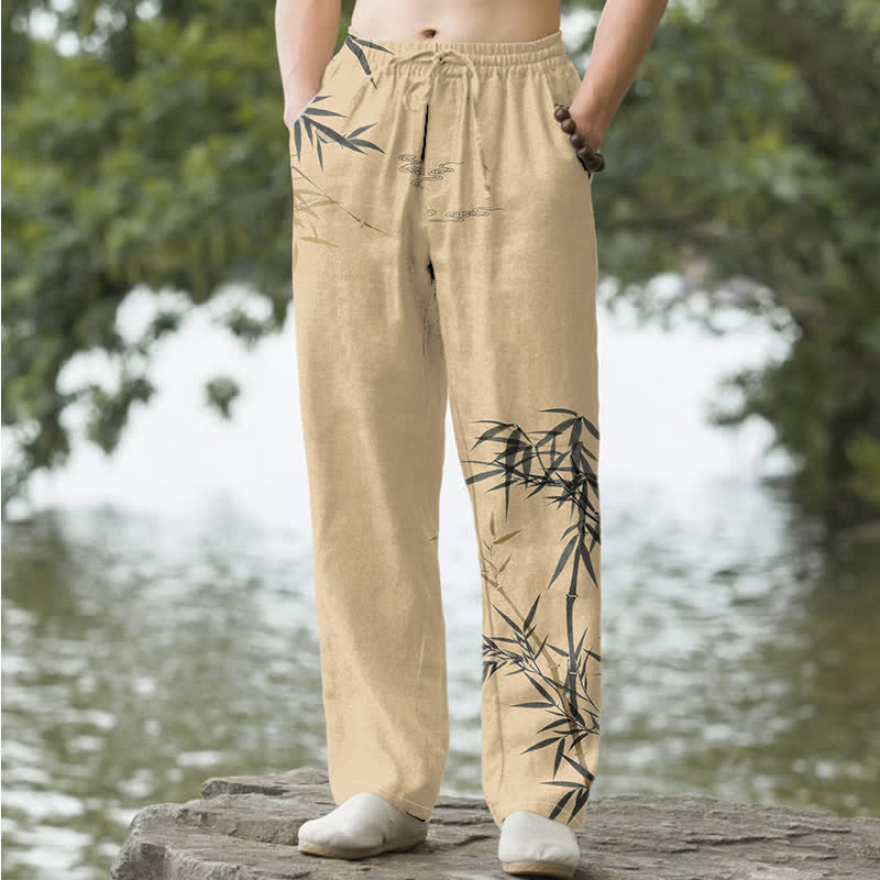 Buddha Stones Spodnie męskie zwężane z kieszeniami i wzorem z bambusa i bawełny - Dębnik - US/UK/AU50, EU60 (5XL) - image 6