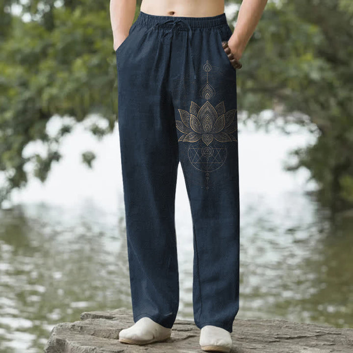 Buddha Stones Spodnie męskie zwężane z bawełny z motywem lotosu i mandali, z kieszeniami - Marynarka wojenna - US/UK/AU50, EU60 (5XL) - image 4