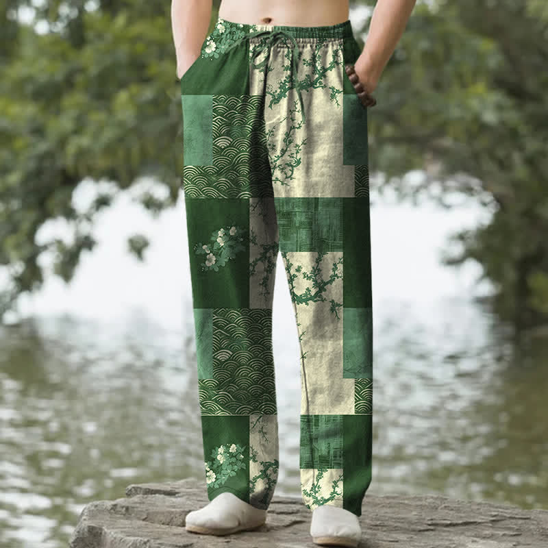 Buddha Stones Spodnie męskie zwężane z kieszeniami, bawełniane, patchworkowe, z kwiatowym wzorem i falą - ForestGreen - US/UK/AU50, EU60 (5XL) - image 6