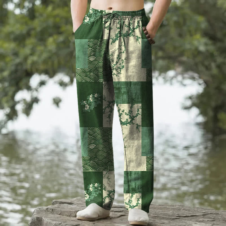 Buddha Stones Spodnie męskie zwężane z kieszeniami, bawełniane, patchworkowe, z kwiatowym wzorem i falą - ForestGreen - US/UK/AU50, EU60 (5XL) - image 6