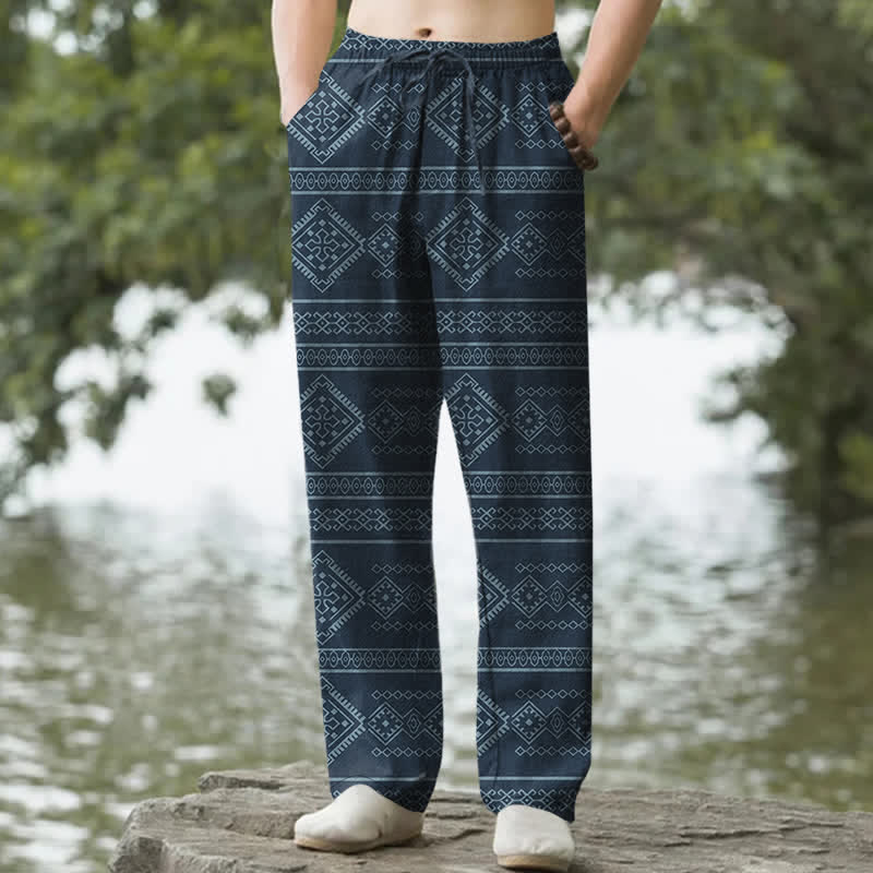 Buddha Stones Spodnie męskie zwężane z bawełny w geometryczne paski z motywem plemiennym i kieszeniami - Marynarka wojenna - US/UK/AU50, EU60 (5XL) - image 4