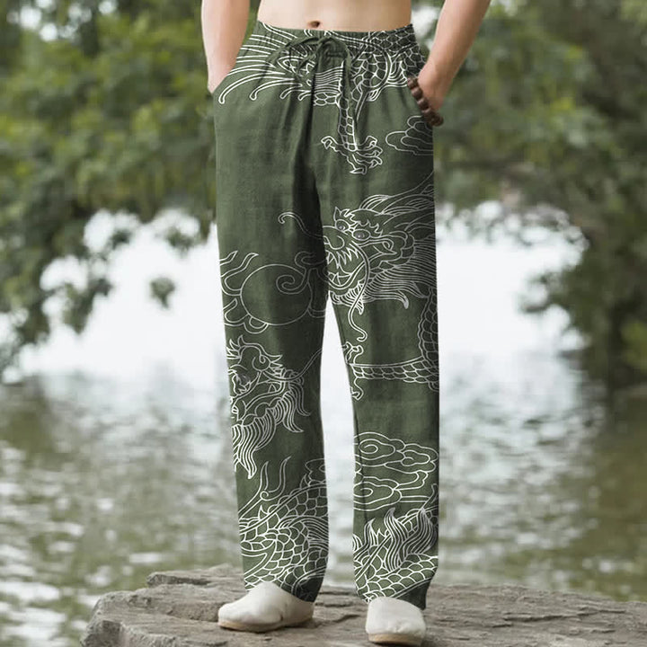 Buddha Stones Spodnie męskie zwężane z bawełny w orientalny wzór smoka i chmur z kieszeniami - DarkSeaGreen - US/UK/AU50, EU60 (5XL) - image 4